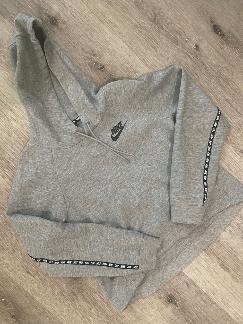 Nike Grey Pullover Hoodie with Black Logo and Sleeve Tape | Women’s Size Small